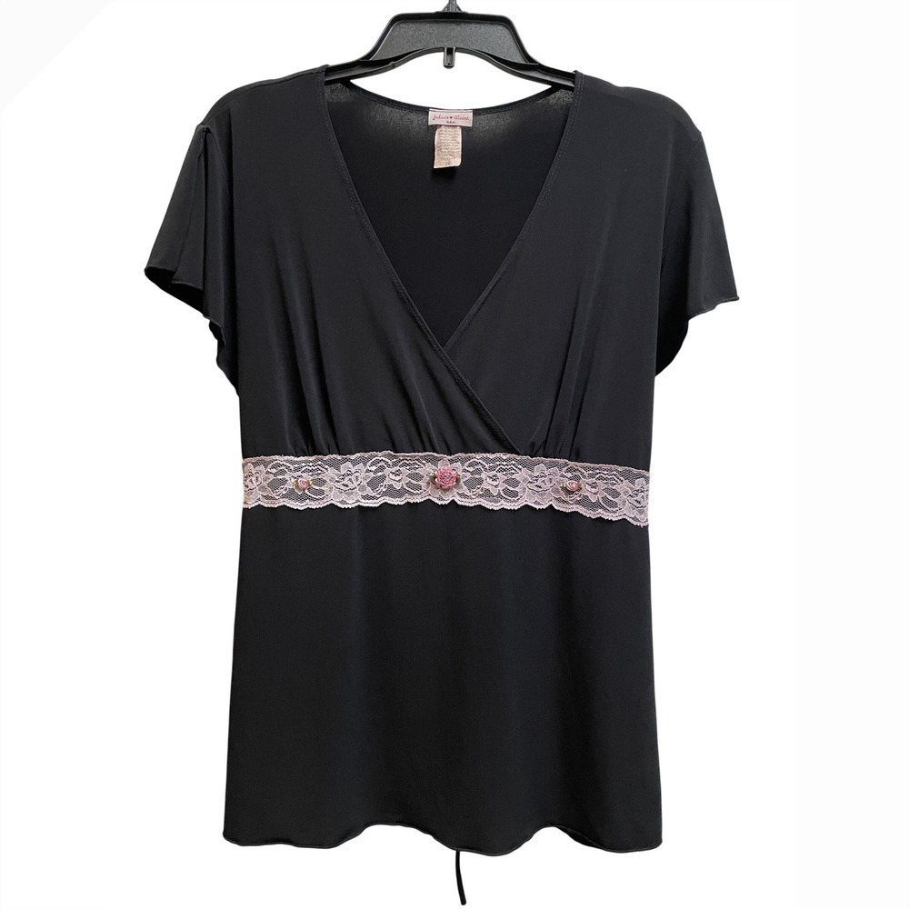 Vintage Julie's Closet USA Black Lace Trim Empire Waist Surplice Top 2X